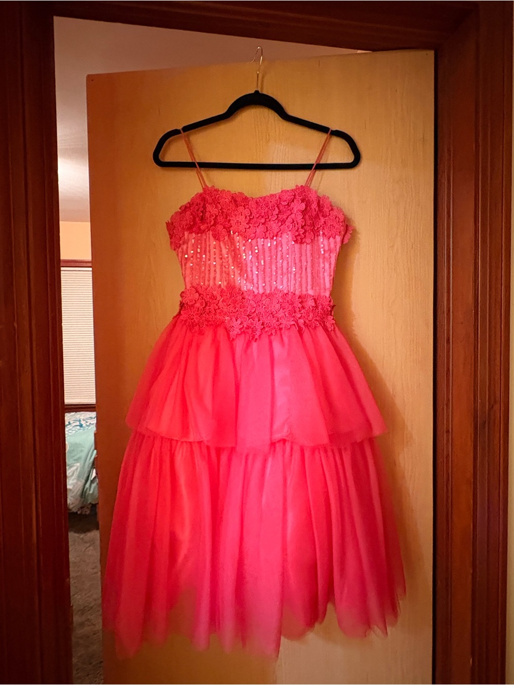Juniors Hot Pink Tiered Tulle Party Dress with Floral Bodice